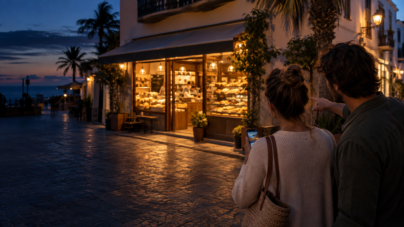 Personas descubriendo un negocio local iluminado por la noche